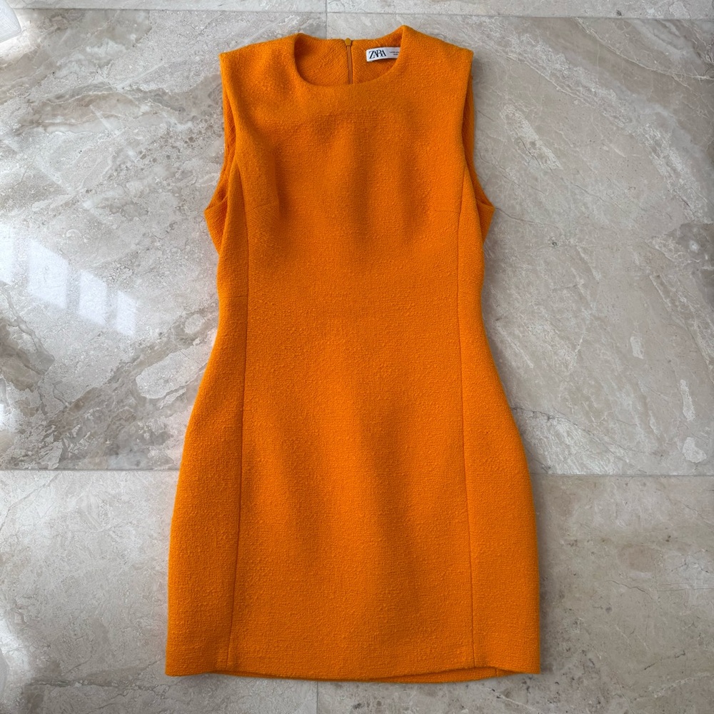 Zara Orange Tweed Sleeveless Mini Shift Dress